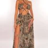 Animal Print Halter Cut Out Gold Chain Belted Double Slit Maxi Dress