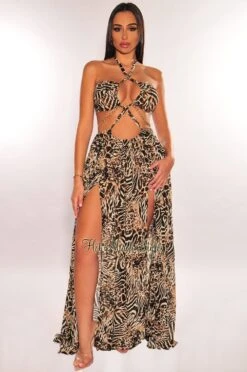 Animal Print Halter Cut Out Gold Chain Belted Double Slit Maxi Dress