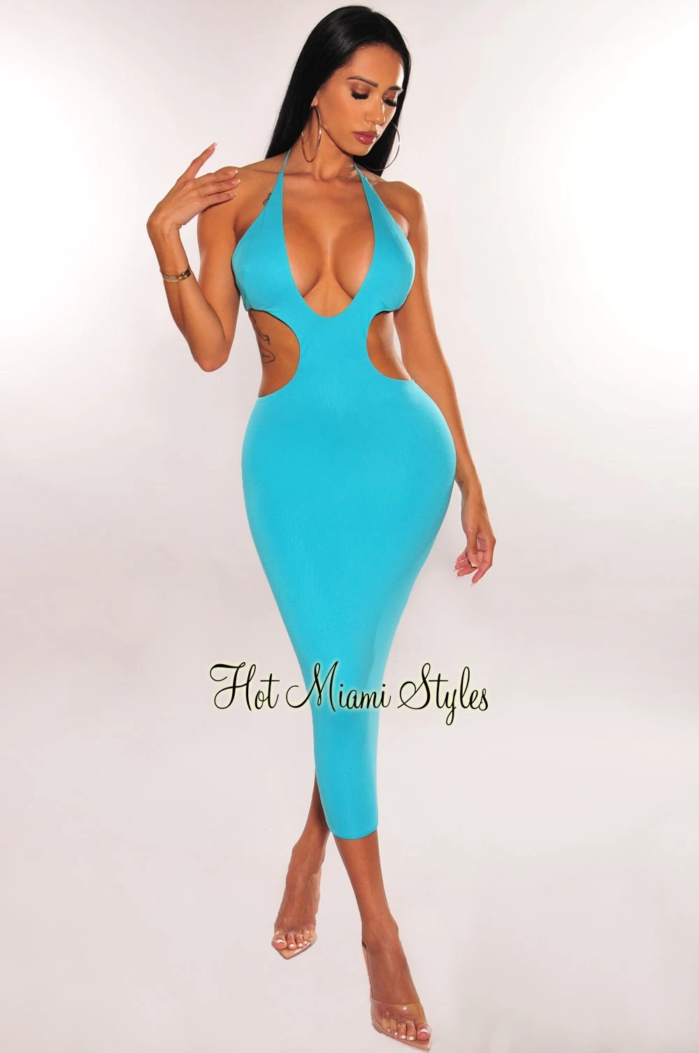 Aqua Halter V Neck Cut Out Open Back Midi Dress 1 Aqua Halter V Neck Cut Out Open Back Midi Dress