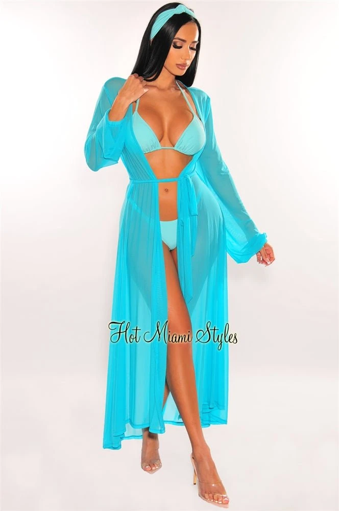 Aqua Mesh Long Sleeves Belted Maxi Cover Up 1 Aqua Mesh Long Sleeves Belted Maxi Cover Up