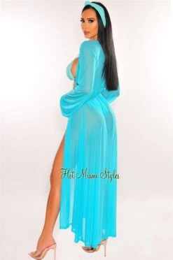 Aqua Mesh Long Sleeves Belted Maxi Cover Up 6 Aqua Mesh Long Sleeves Belted Maxi Cover Up -Miamis Style Shop aqua mesh long sleeves belted maxi cover up hot miami styles 252897