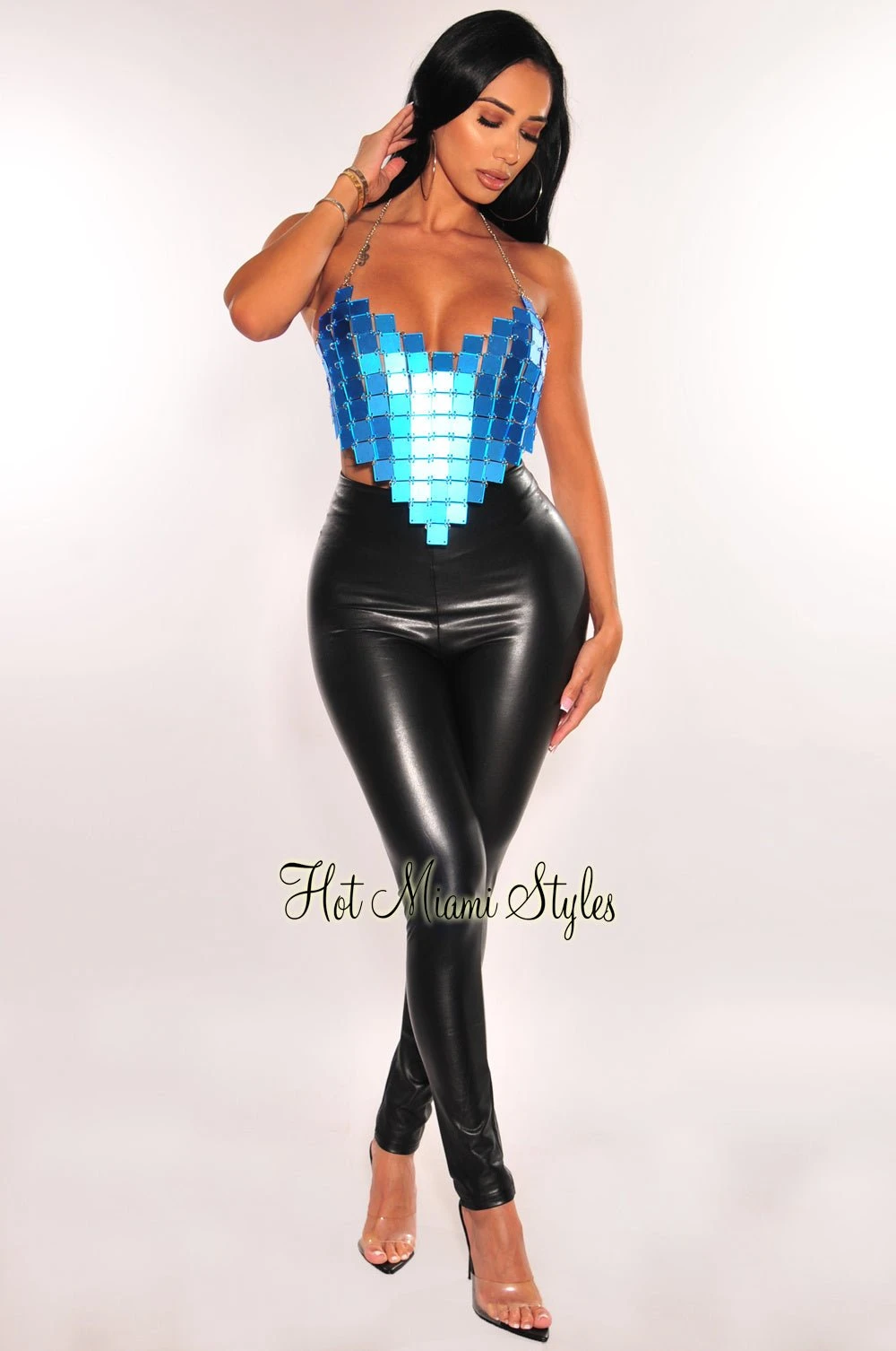 Aqua Metallic Halter Square Chainmail Crop Top 3 Aqua Metallic Halter Square Chainmail Crop Top - Image 3