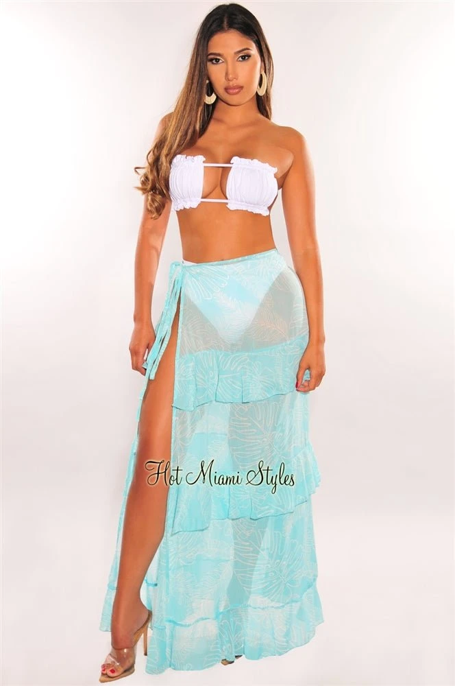 Aqua White Palm Print Tie Up Ruffle Maxi Skirt Cover Up 2 Aqua White Palm Print Tie Up Ruffle Maxi Skirt Cover Up - Image 2
