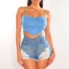 Baby Blue Elastic Straps Bustier Curved Hem Crop Top