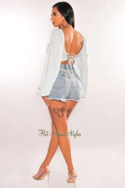 Baby Blue Long Sleeve Lace Up Back Bustier Crop Top -Miamis Style Shop baby blue long sleeve lace up back bustier crop top hot miami styles 524288