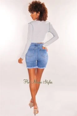 Baby Blue Ribbed Exposed Seams Tie Up Long Sleeve Top -Miamis Style Shop baby blue ribbed exposed seams tie up long sleeve top hot miami styles 144128