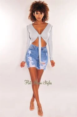 Baby Blue Ribbed Exposed Seams Tie Up Long Sleeve Top -Miamis Style Shop baby blue ribbed exposed seams tie up long sleeve top hot miami styles 878931