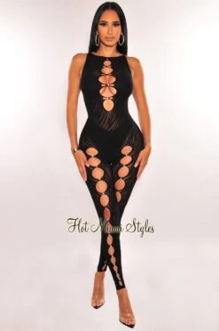 Black Animal Print Seamless Rhinestone Sleeveless Cut Out Jumpsuit