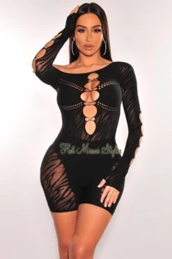 Black Asymmetrical Off Shoulder Cut Out Rhinestone Long Sleeve Seamless Romper