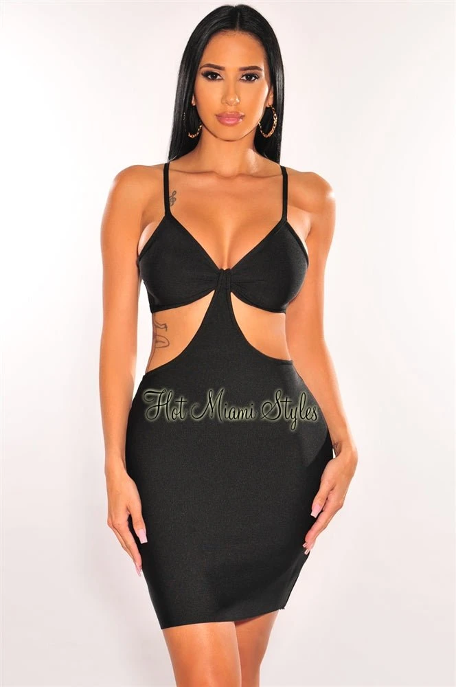 Black Bandage Spaghetti Straps Knotted Cut Out Mini Dress 1 Black Bandage Spaghetti Straps Knotted Cut Out Mini Dress