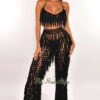 Black Crochet Halter Fringe Pants Two Piece Set Cover Up