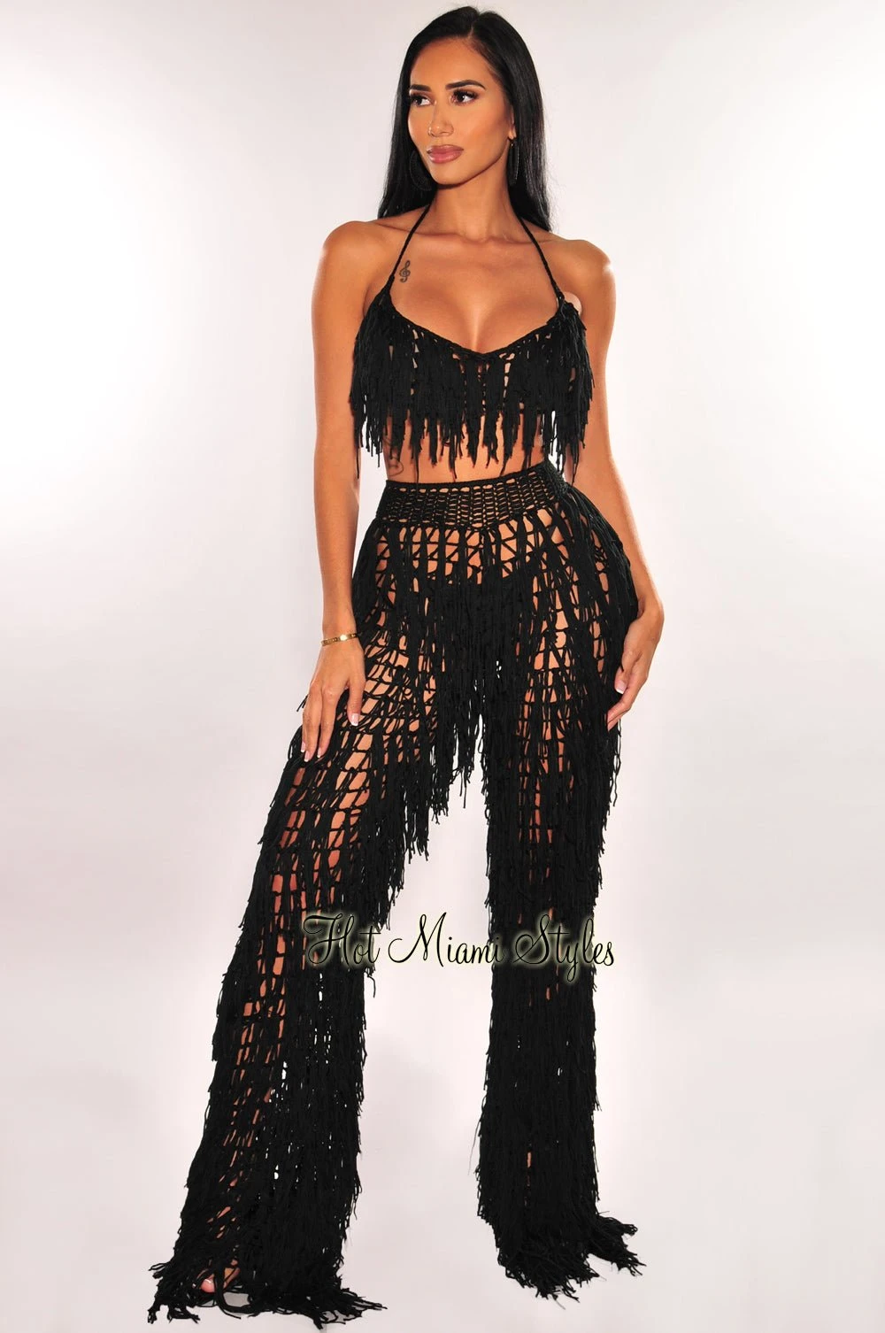 Black Crochet Halter Fringe Pants Two Piece Set Cover Up 1 Black Crochet Halter Fringe Pants Two Piece Set Cover Up