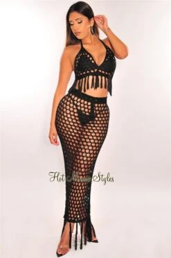 Black Crochet Halter Fringe Skirt Two Piece Set Cover Up