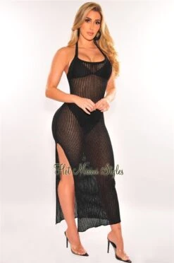 Black Crochet Halter Tie Up Back Slit Cover Up Dress