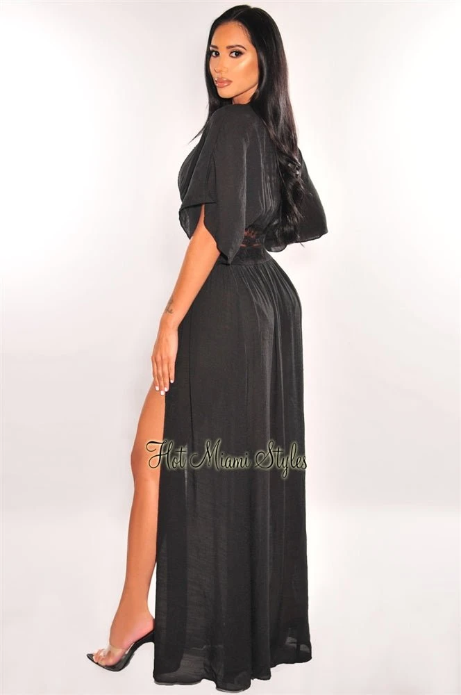 Black Crochet Short Sleeve Tie Up Maxi Cover Up 3 Black Crochet Short Sleeve Tie Up Maxi Cover Up - Image 3