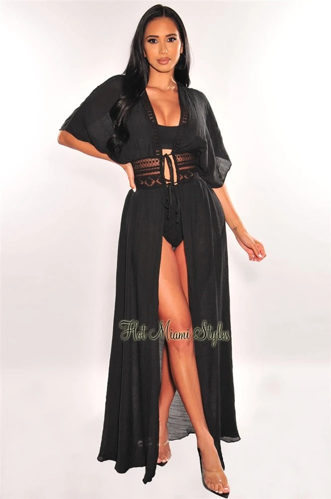 Black Crochet Short Sleeve Tie Up Maxi Cover Up 2 Black Crochet Short Sleeve Tie Up Maxi Cover Up - Image 2