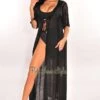 Black Crochet Short Sleeve Tie Up Maxi Cover Up