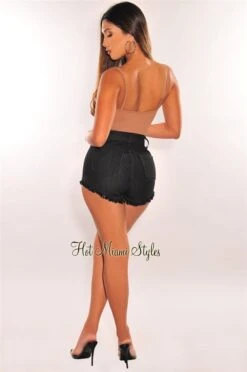 Black Denim High Waist Frayed Hem Slit Shorts -Miamis Style Shop black denim high waist frayed hem slit shorts hot miami styles 448620
