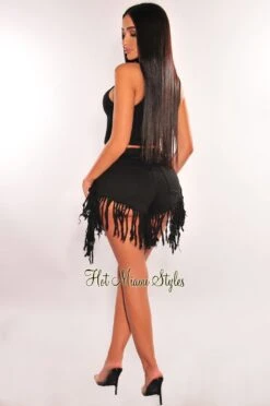 Black Denim High Waist Fringe Hem Shorts -Miamis Style Shop black denim high waist fringe hem shorts hot miami styles 332511