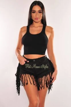 Black Denim High Waist Fringe Hem Shorts