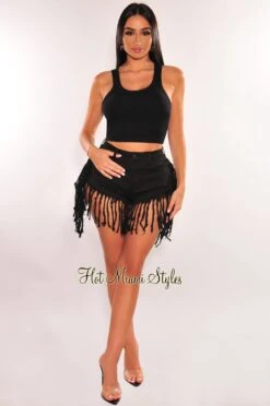 Black Denim High Waist Fringe Hem Shorts -Miamis Style Shop black denim high waist fringe hem shorts hot miami styles 747519