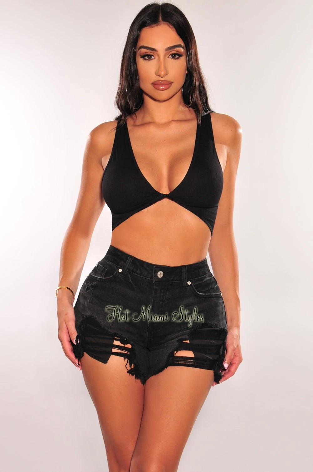 Black Denim High Waisted Ripped Frayed Hem Shorts 1 Black Denim High Waisted Ripped Frayed Hem Shorts