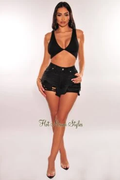 Black Denim High Waisted Ripped Frayed Hem Shorts 6 Black Denim High Waisted Ripped Frayed Hem Shorts -Miamis Style Shop black denim high waisted ripped frayed hem shorts hot miami styles 917205