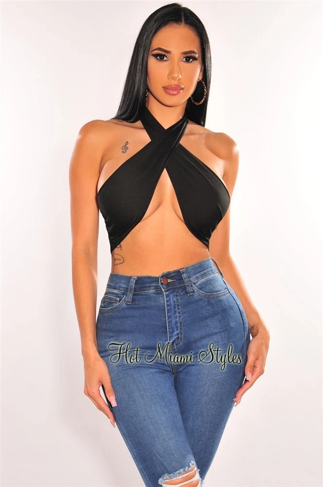 Black Double Lined Multiwear Bandeau Tie Up Crop Top 2 Black Double Lined Multiwear Bandeau Tie Up Crop Top - Image 2