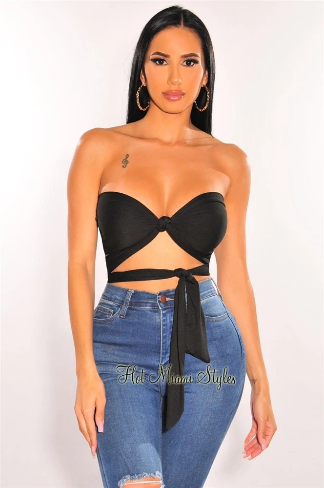 Black Double Lined Multiwear Bandeau Tie Up Crop Top 1 Black Double Lined Multiwear Bandeau Tie Up Crop Top