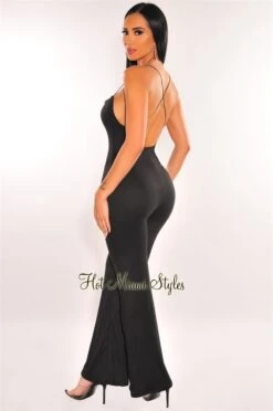 Black Elastic Straps Crisscross Palazzo Jumpsuit -Miamis Style Shop black elastic straps crisscross palazzo jumpsuit hot miami styles 726545
