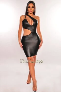Black Faux Leather Black Chain One Shoulder Cut Out Mini Dress -Miamis Style Shop black faux leather black chain one shoulder cut out mini dress hot miami styles 492083