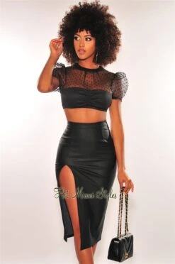 Black Faux Leather Front Slit Skirt