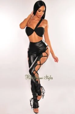 Black Faux Leather High Waist Lace Up Sides Pants 6 Black Faux Leather High Waist Lace Up Sides Pants -Miamis Style Shop black faux leather high waist lace up sides pants hot miami styles 278959