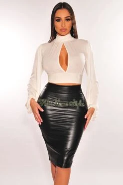Black Faux Leather High Waist Pencil Skirt