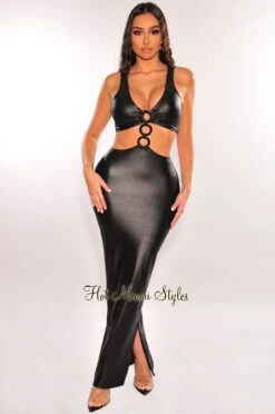 Black Faux Leather O-Ring Sleeveless Cut Out Double Slit Dress