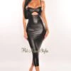 Black Faux Leather Spaghetti Straps Knotted Cut Out Midi Dress