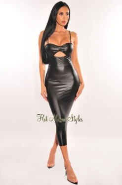 Black Faux Leather Spaghetti Straps Knotted Cut Out Midi Dress