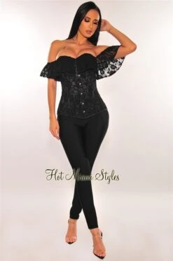 Black Floral Lace Ruffle Off Shoulder Boned Corset Top -Miamis Style Shop black floral lace ruffle off shoulder boned corset top hot miami styles 748595