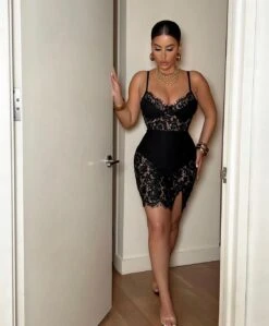 Black Floral Lace Spaghetti Straps Mini Dress -Miamis Style Shop black floral lace spaghetti straps mini dress hot miami styles 431182