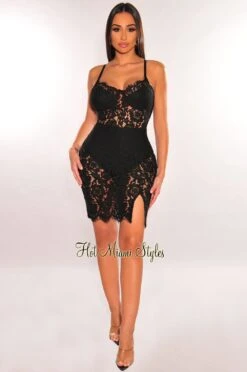 Black Floral Lace Spaghetti Straps Mini Dress -Miamis Style Shop black floral lace spaghetti straps mini dress hot miami styles 515699
