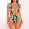 Black Floral Print Gold Ring Sleeveless Belted Swimsuit
