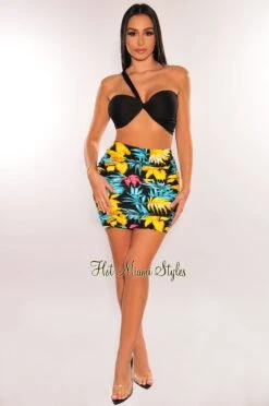 Black Floral Print High Waist Ruched Cover Up Skirt -Miamis Style Shop black floral print high waist ruched cover up skirt hot miami styles 305829