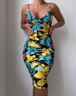 Black Floral Print V Neck Spaghetti Straps Ruched Dress 9 Black Floral Print V Neck Spaghetti Straps Ruched Dress -Miamis Style Shop black floral print v neck spaghetti straps ruched dress hot miami styles 182430