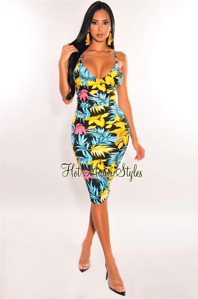 Black Floral Print V Neck Spaghetti Straps Ruched Dress 3 Black Floral Print V Neck Spaghetti Straps Ruched Dress - Image 3