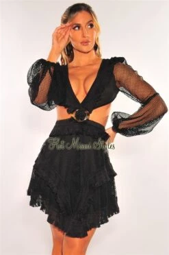 Black Fringe Cut Out Lace Up Back Long Sleeves Dress
