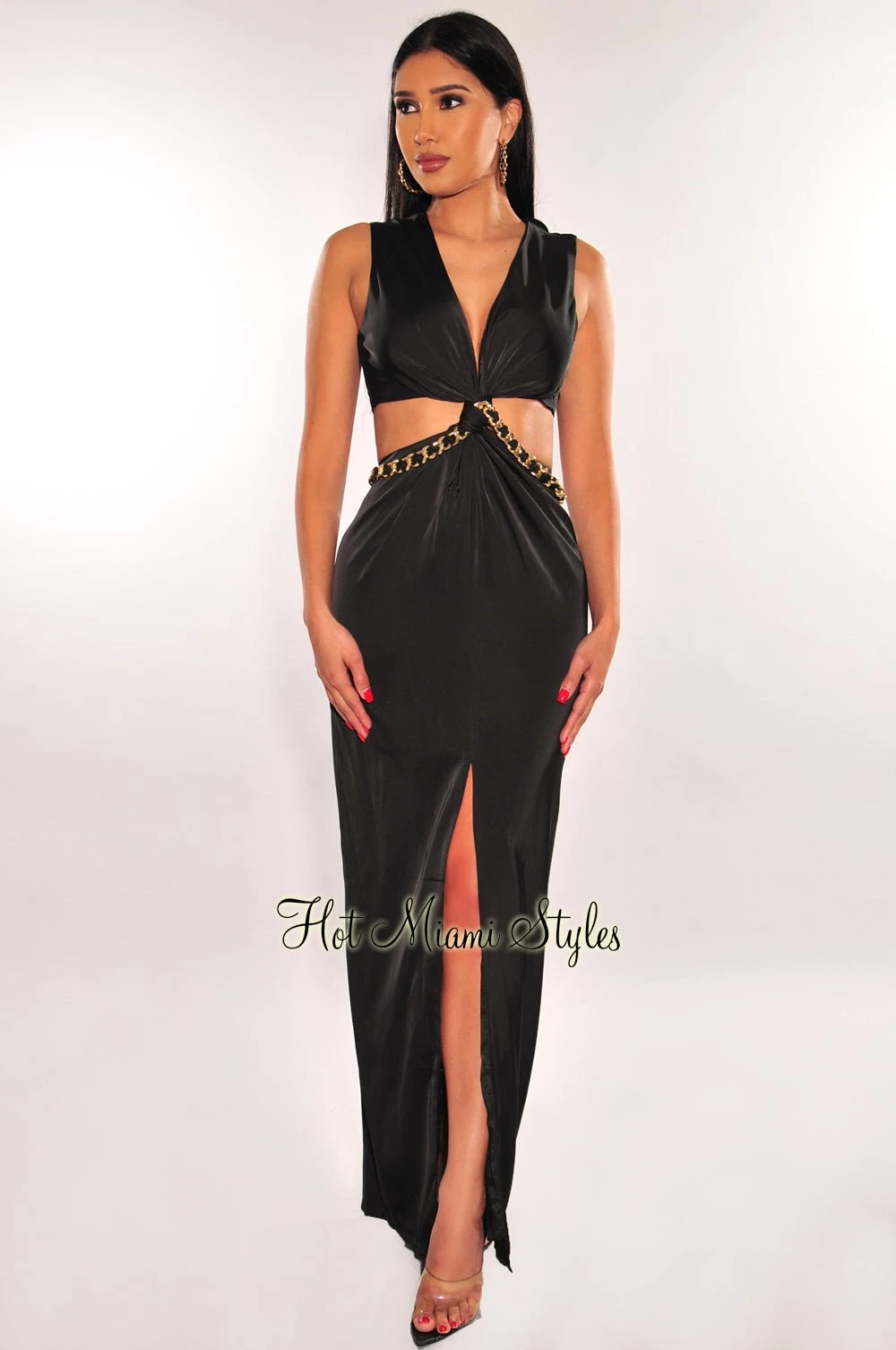 Black Gold Chain Knotted Cut Out Slit Maxi Dress 1 Black Gold Chain Knotted Cut Out Slit Maxi Dress