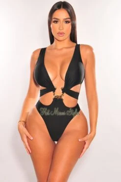 Black Gold Ring Sleeveless Belted Swimsuit