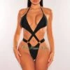 Black Halter Criss Cross O-Ring Cut Out Thong Swimsuit