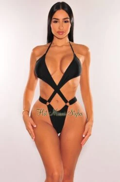 Black Halter Criss Cross O-Ring Cut Out Thong Swimsuit