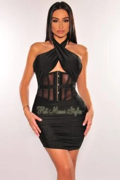 Black Halter CrissCross Corset Mesh Ruched Mini Dress